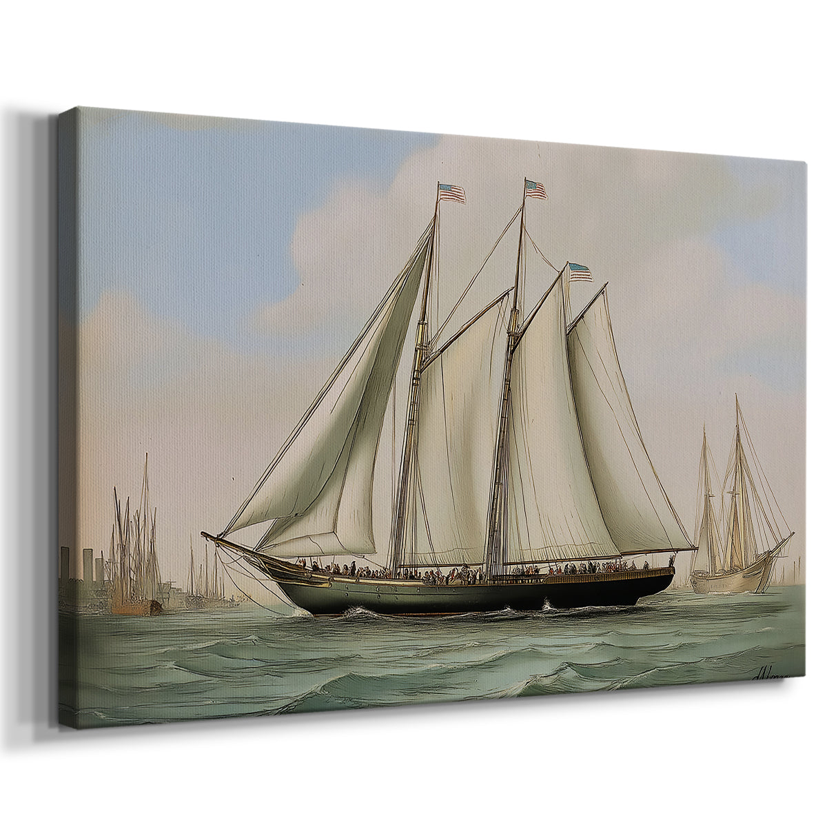 coastline,calm waters,flags,historic vessel,navigation,seascape,maritime,boats,sails,ocean,wind,sky,travel,adventure,exploration,watercraft,shipping,transportation,nautical,heritage,sailing,crew,evening light,scenery,harbor,waterway,shoreline,marine,architecture,craftsmanship,tradition,fishing boats,sea breeze,leisure,ship design,historical significance,artistry,landscape,sky reflection