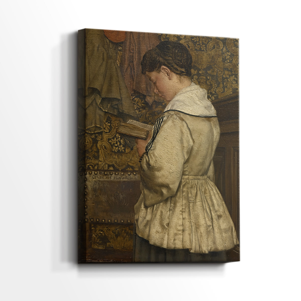 Side view of a canvas art print of a quiet domestic scene with soft shading and detail, showing gallery-wrapped depth.