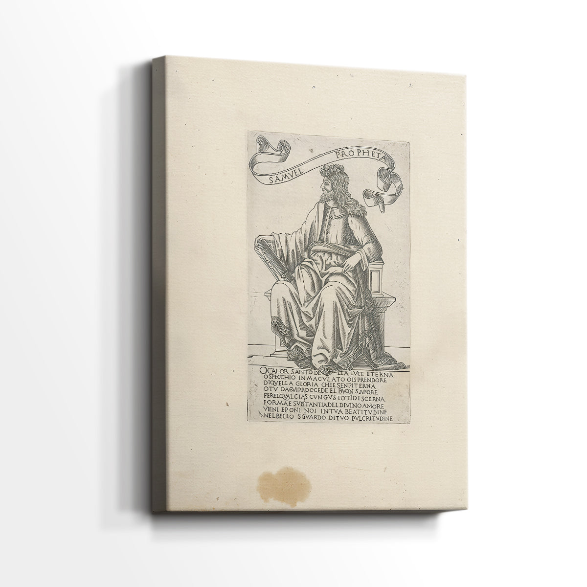 Side view of a canvas art print of a detailed illustration with minimal shading and strong outline, showing gallery-wrapped depth.