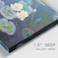 Close-up view of wrapped canvas corner featuring water lilies floating on pond.