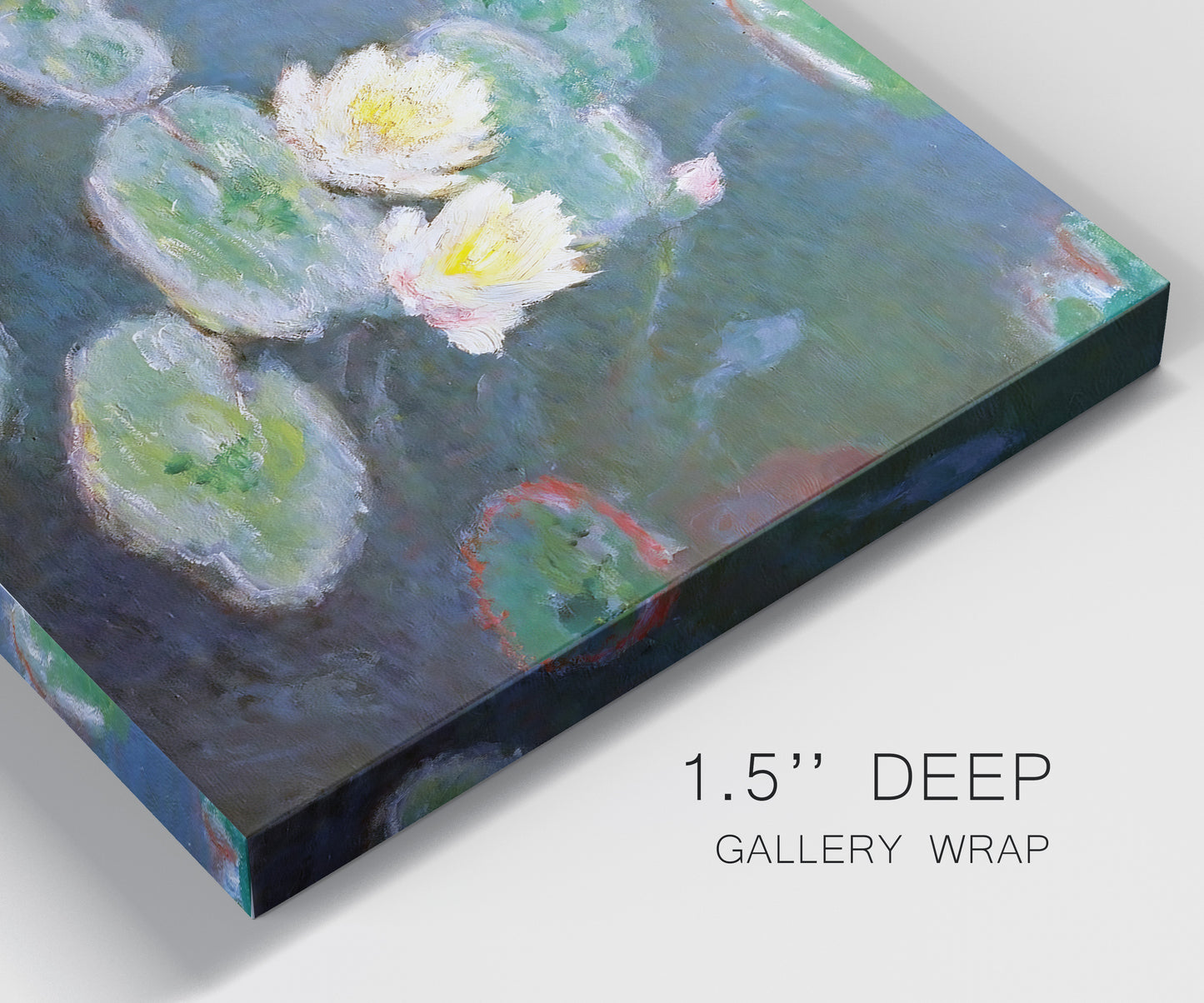 Close-up view of wrapped canvas corner featuring water lilies floating on pond.
