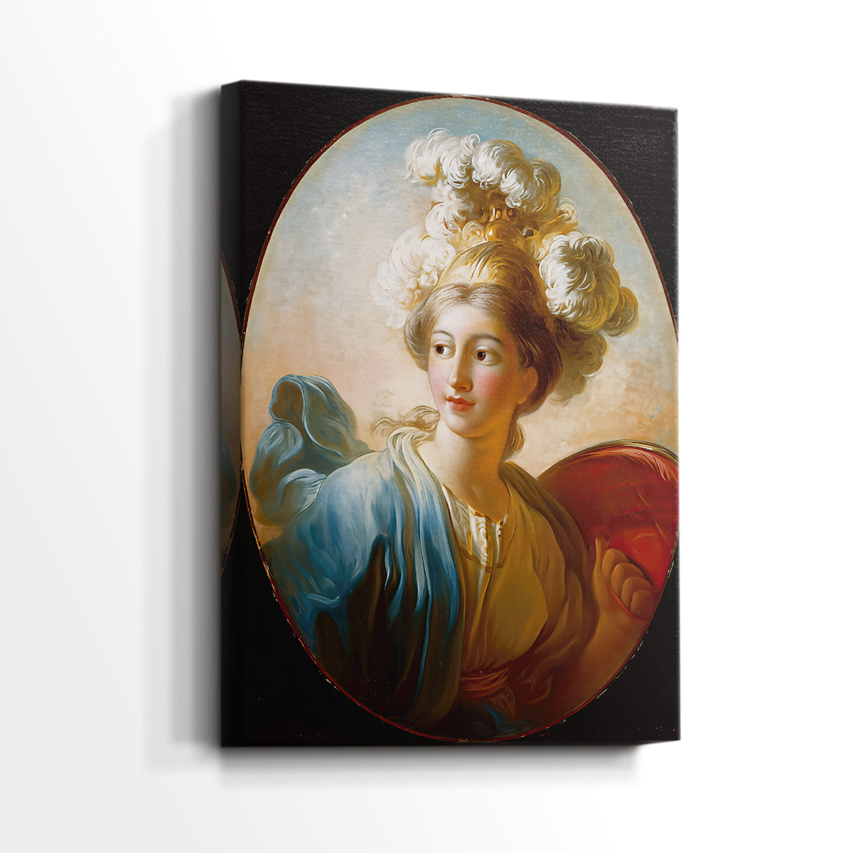Side view of a canvas art print of a decorative composition with classical styling, showing gallery-wrapped depth.