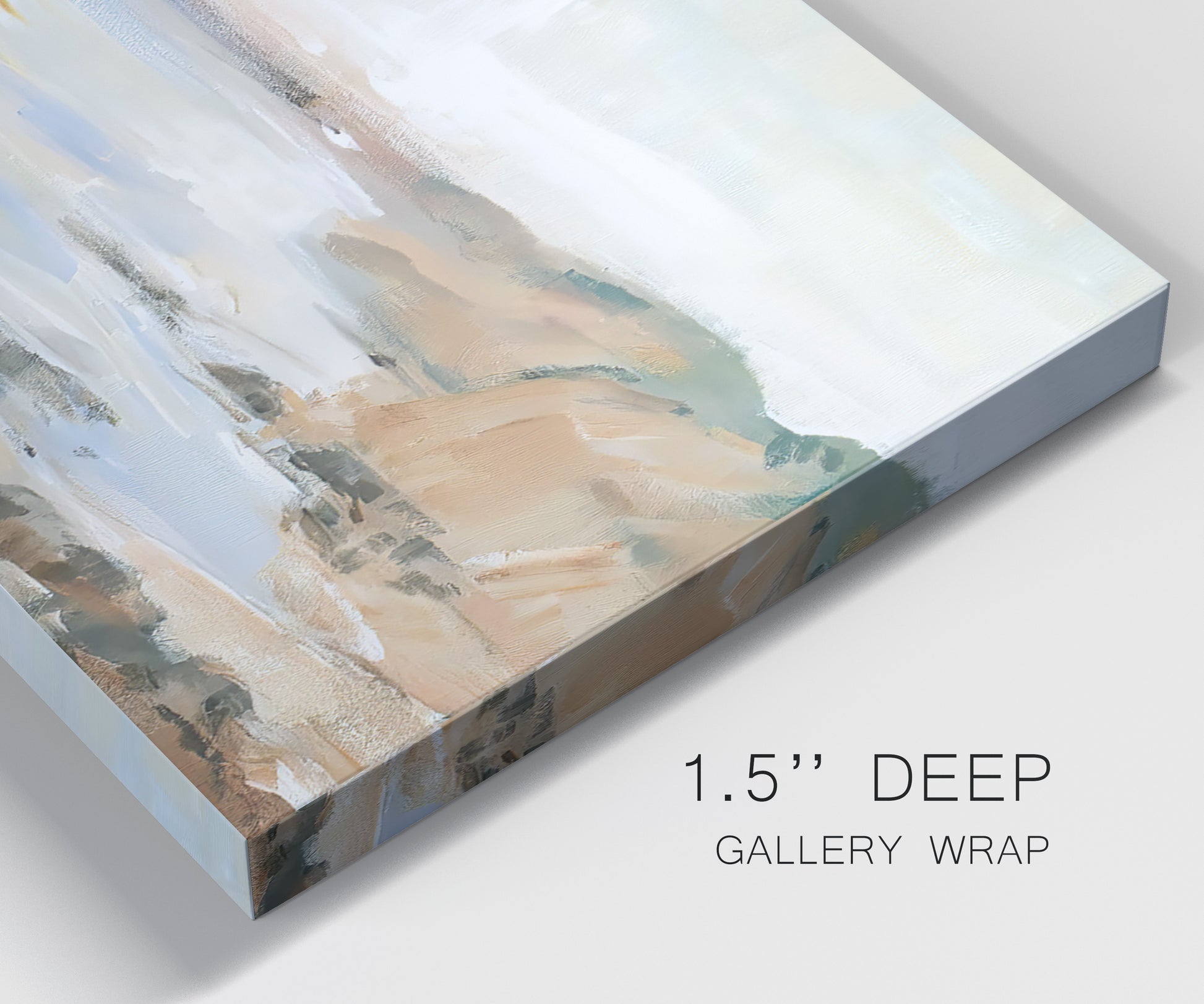 Close-up view of wrapped canvas corner featuring coastal shoreline landscape study.
