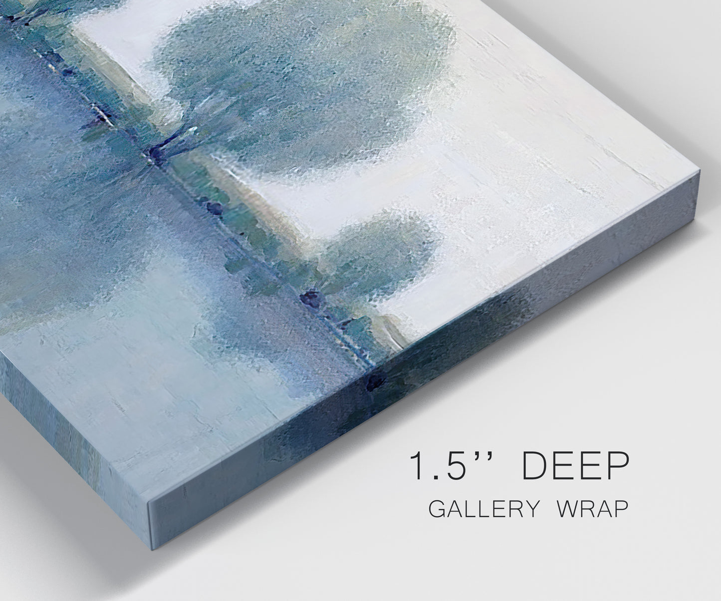 Close-up view of wrapped canvas corner featuring calm afternoon river reflection.