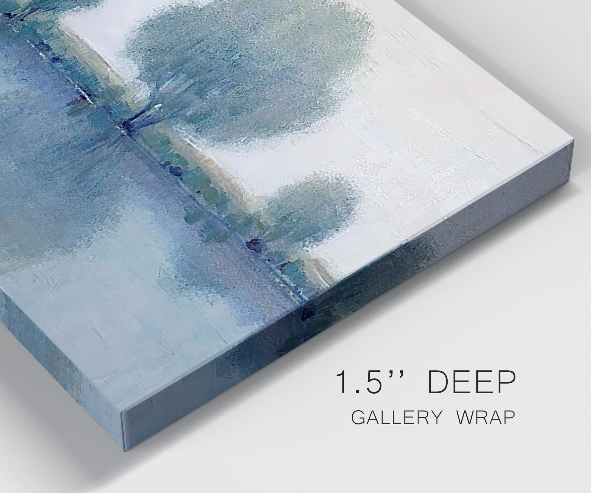 Close-up view of wrapped canvas corner featuring calm afternoon river reflection.