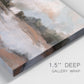 Close-up view of wrapped canvas corner featuring quiet pond with soft reflections.