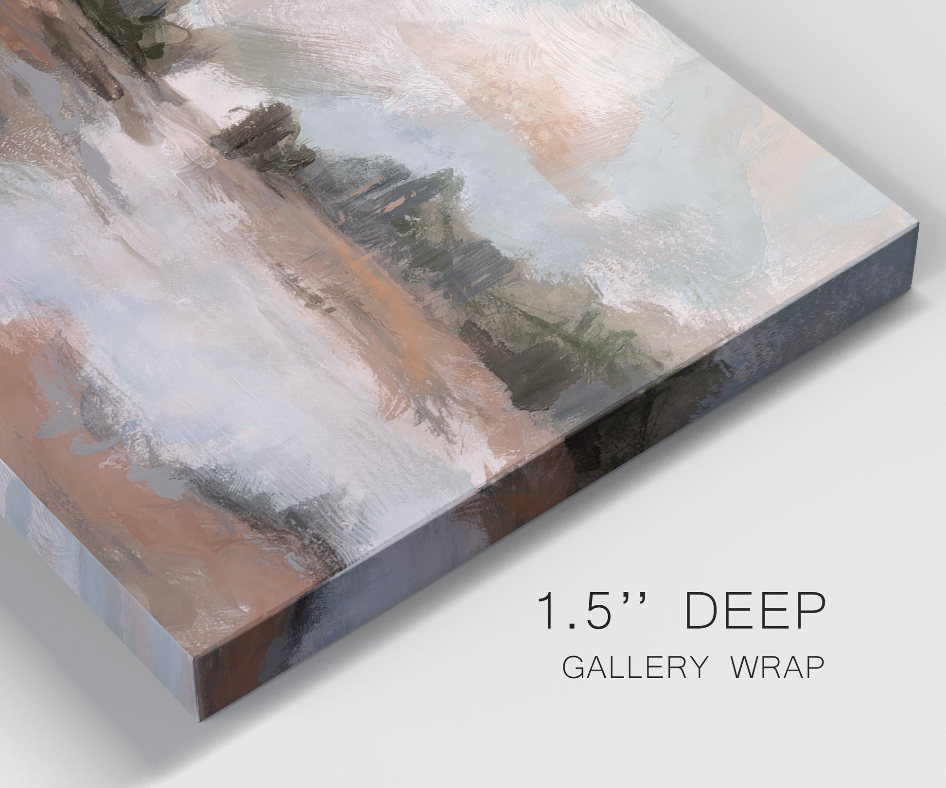 Close-up view of wrapped canvas corner featuring quiet pond with soft reflections.