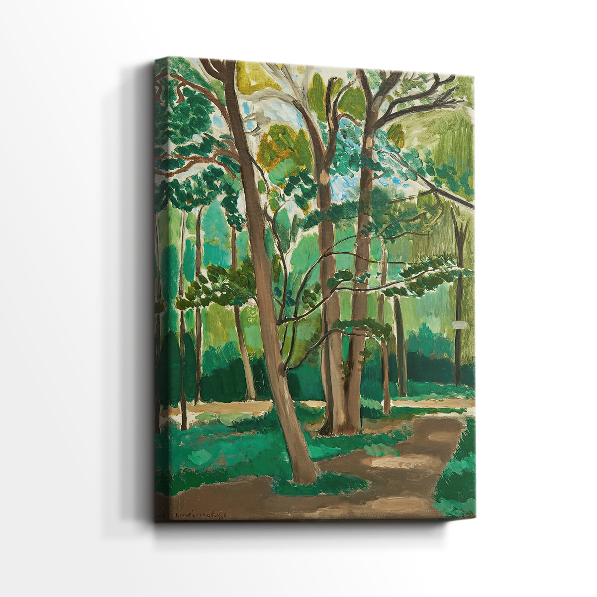 Side view of a canvas art print of a vibrant landscape with trees and intersecting paths, showing gallery-wrapped depth.