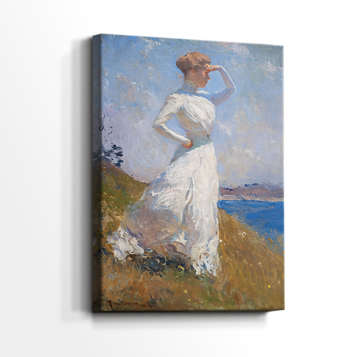 Side view of a canvas art print of a luminous composition with gentle tones and outdoor setting, showing gallery-wrapped depth.