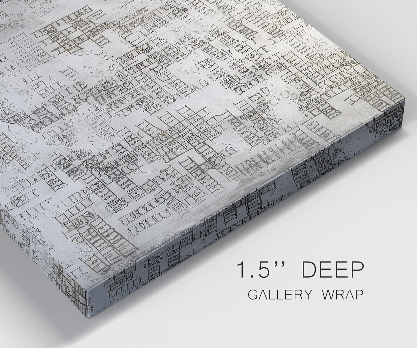 Close-up view of wrapped canvas corner featuring grid based geometric abstraction.