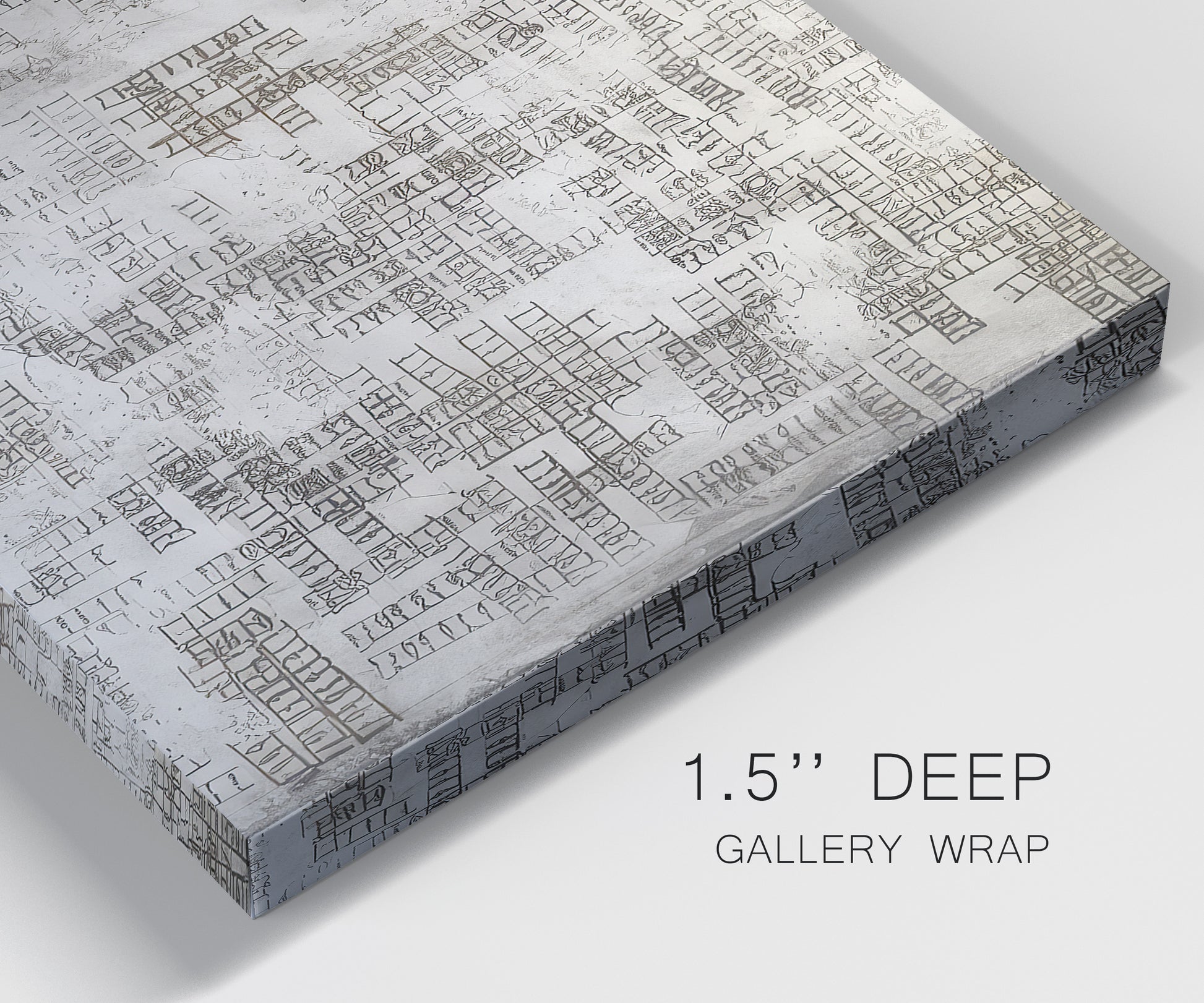 Close-up view of wrapped canvas corner featuring grid based geometric abstraction.