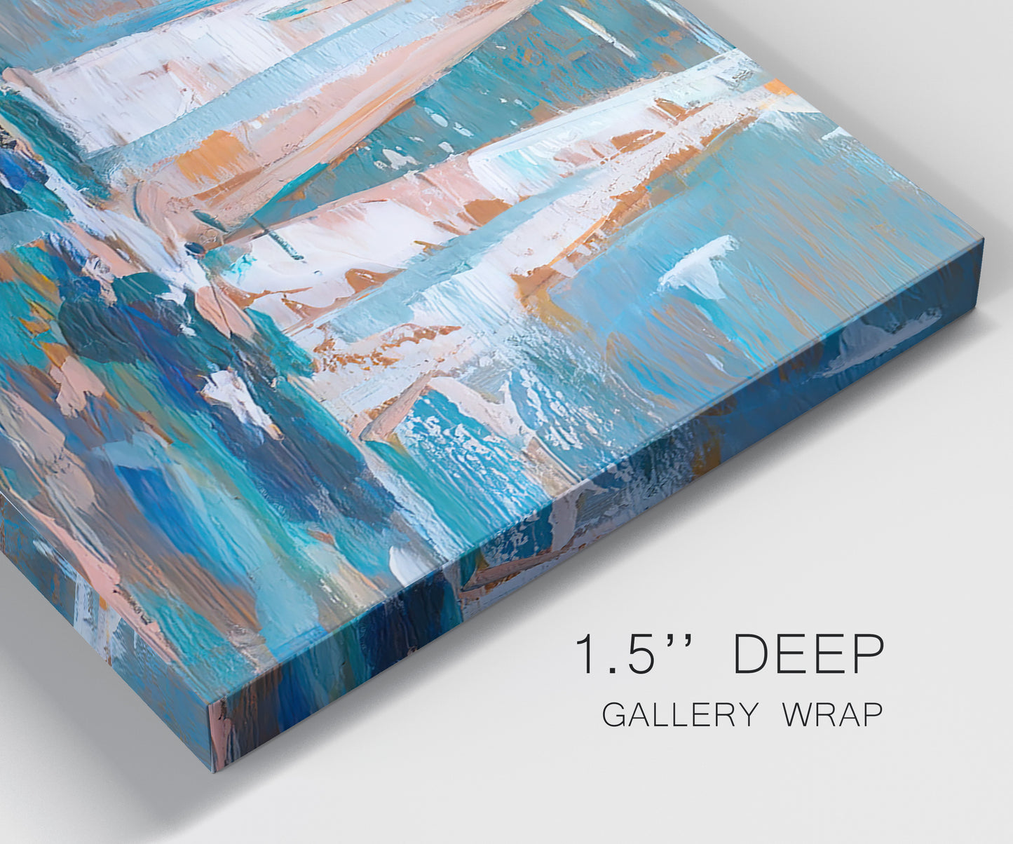 Close-up view of wrapped canvas corner featuring graphic pop style sailboats.
