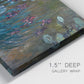 Close-up view of wrapped canvas corner featuring water lilies on reflective pond.