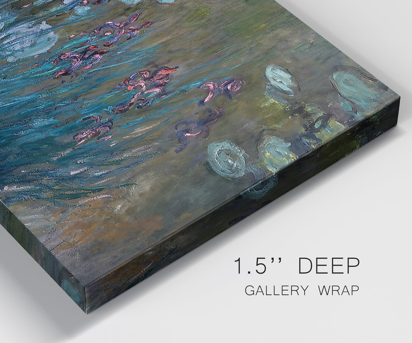 Close-up view of wrapped canvas corner featuring water lilies on reflective pond.