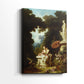 Side view of a canvas art print of a decorative scene with letter reading and flowing forms, showing gallery-wrapped depth.