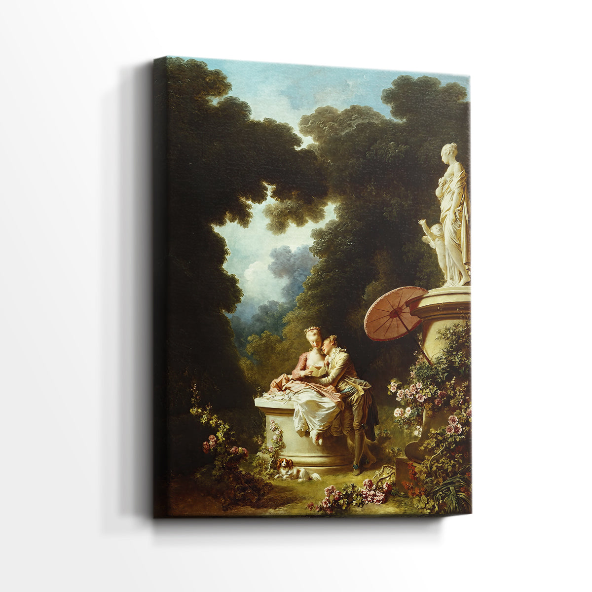 Side view of a canvas art print of a decorative scene with letter reading and flowing forms, showing gallery-wrapped depth.