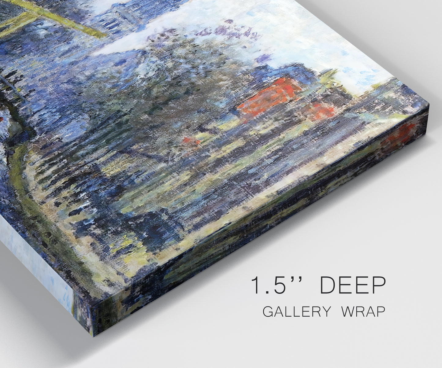 Close-up view of wrapped canvas corner featuring historic tower beside canal.