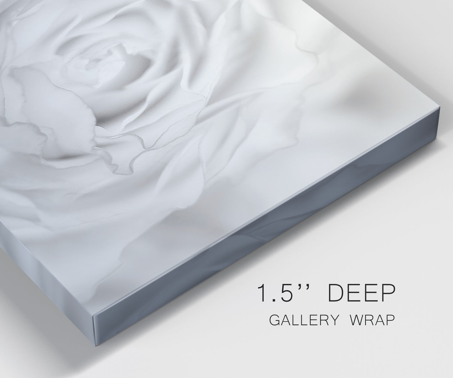 Close-up view of wrapped canvas corner featuring monochrome rose study photograph.