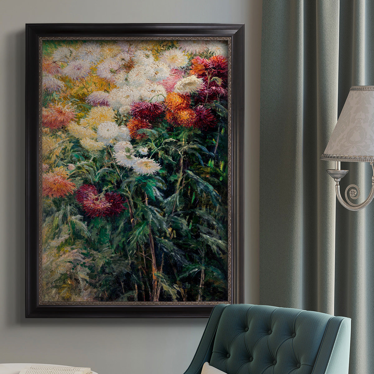 Impressionist garden floral painting by Gustave Caillebotte in an {frame_style_descriptor} displayed in a neutral interior setting.