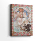 Side view of a canvas art print of a decorative portrait with elegant lines and cultural symbolism, showing gallery-wrapped depth.