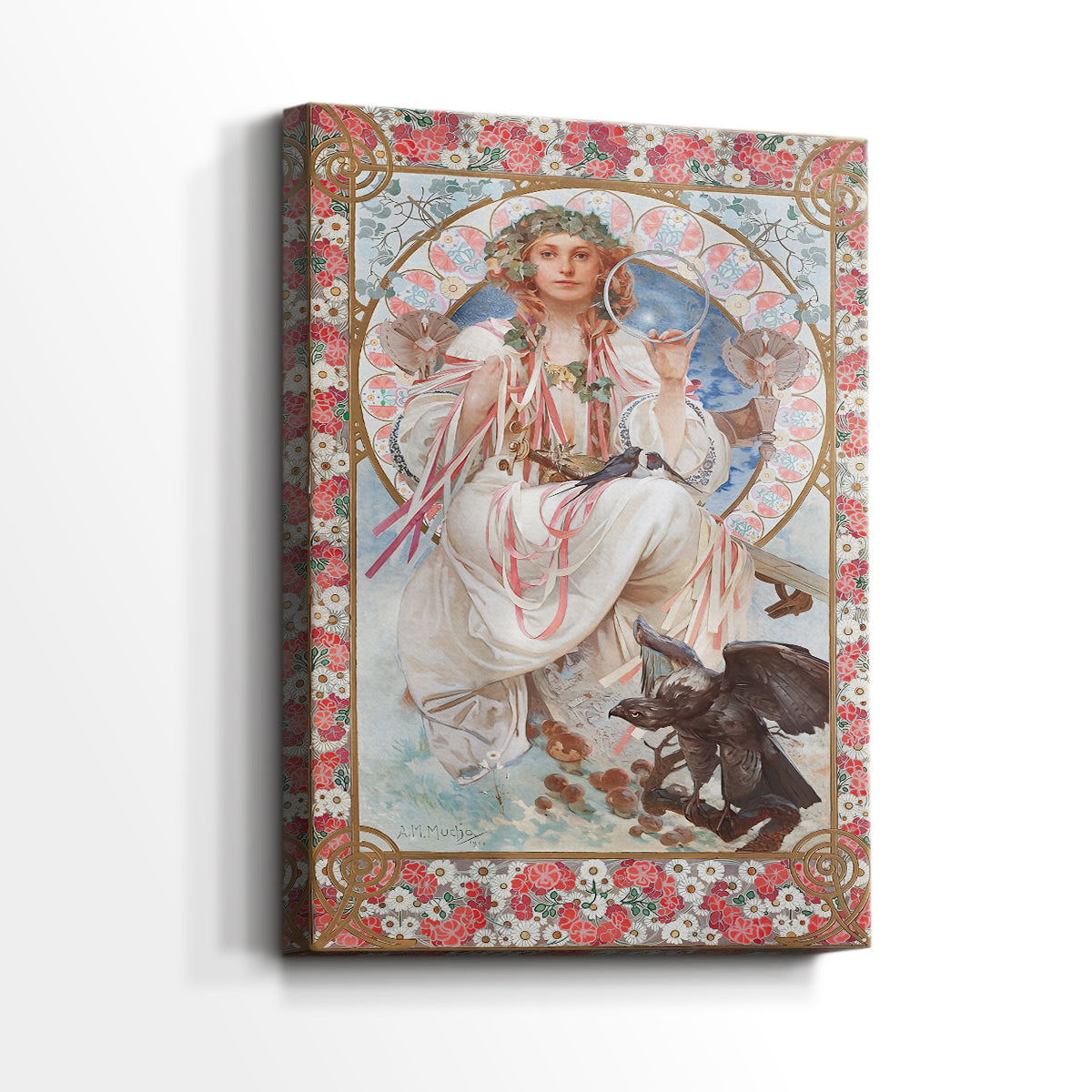 Side view of a canvas art print of a decorative portrait with elegant lines and cultural symbolism, showing gallery-wrapped depth.