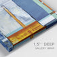 Close-up view of wrapped canvas corner featuring bright mid century geometric abstraction.