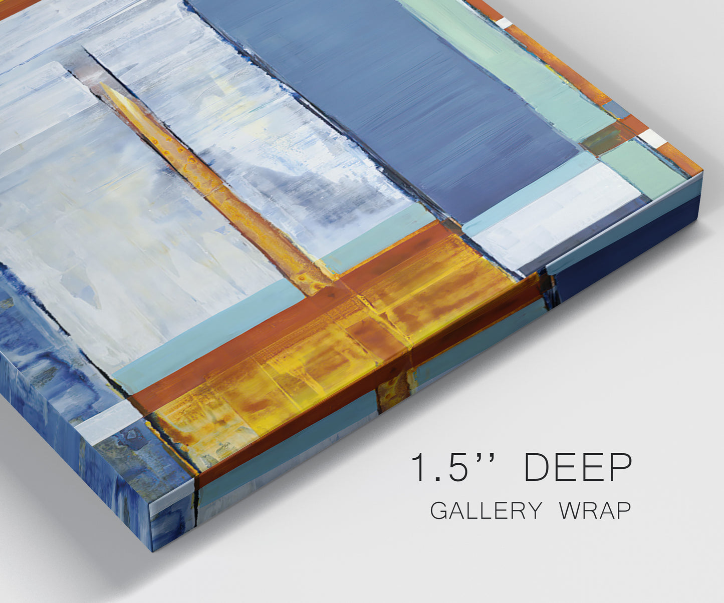 Close-up view of wrapped canvas corner featuring bright mid century geometric abstraction.
