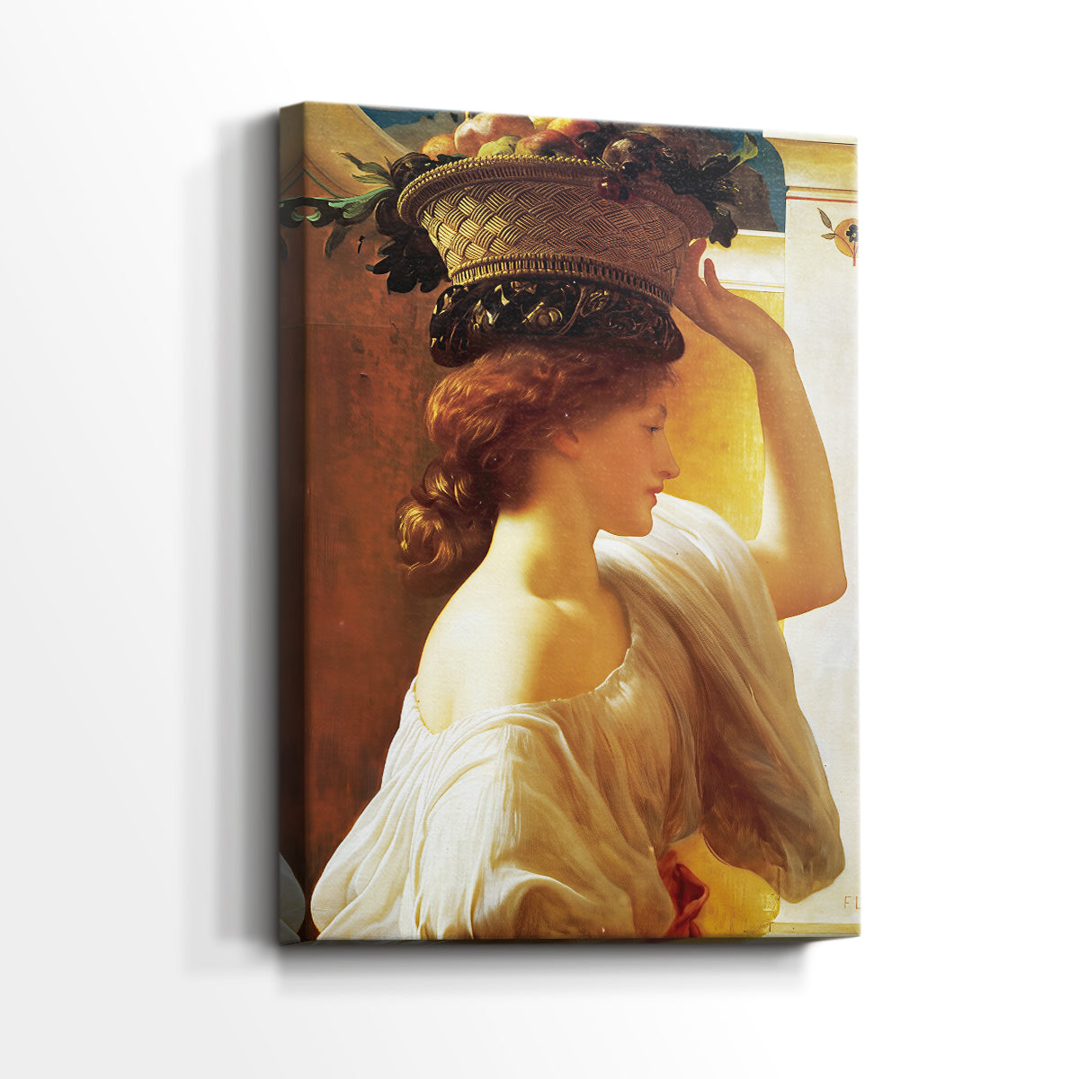Side view of a canvas art print of a gentle portrait with warm tones and delicate detail, showing gallery-wrapped depth.