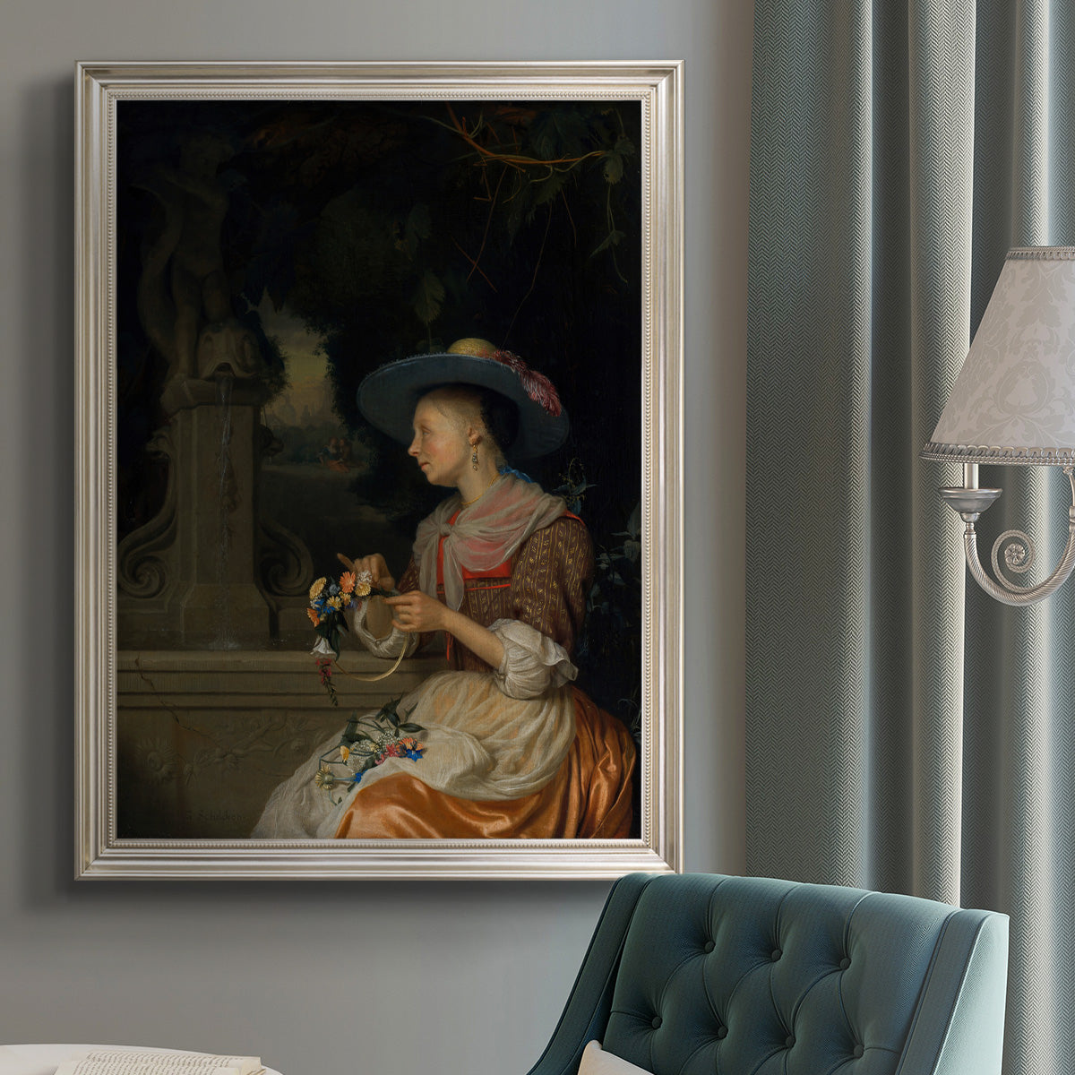 Classical interior scene of a woman weaving flowers by Godfried Schalcken in an {frame_style_descriptor} displayed in a neutral interior setting.