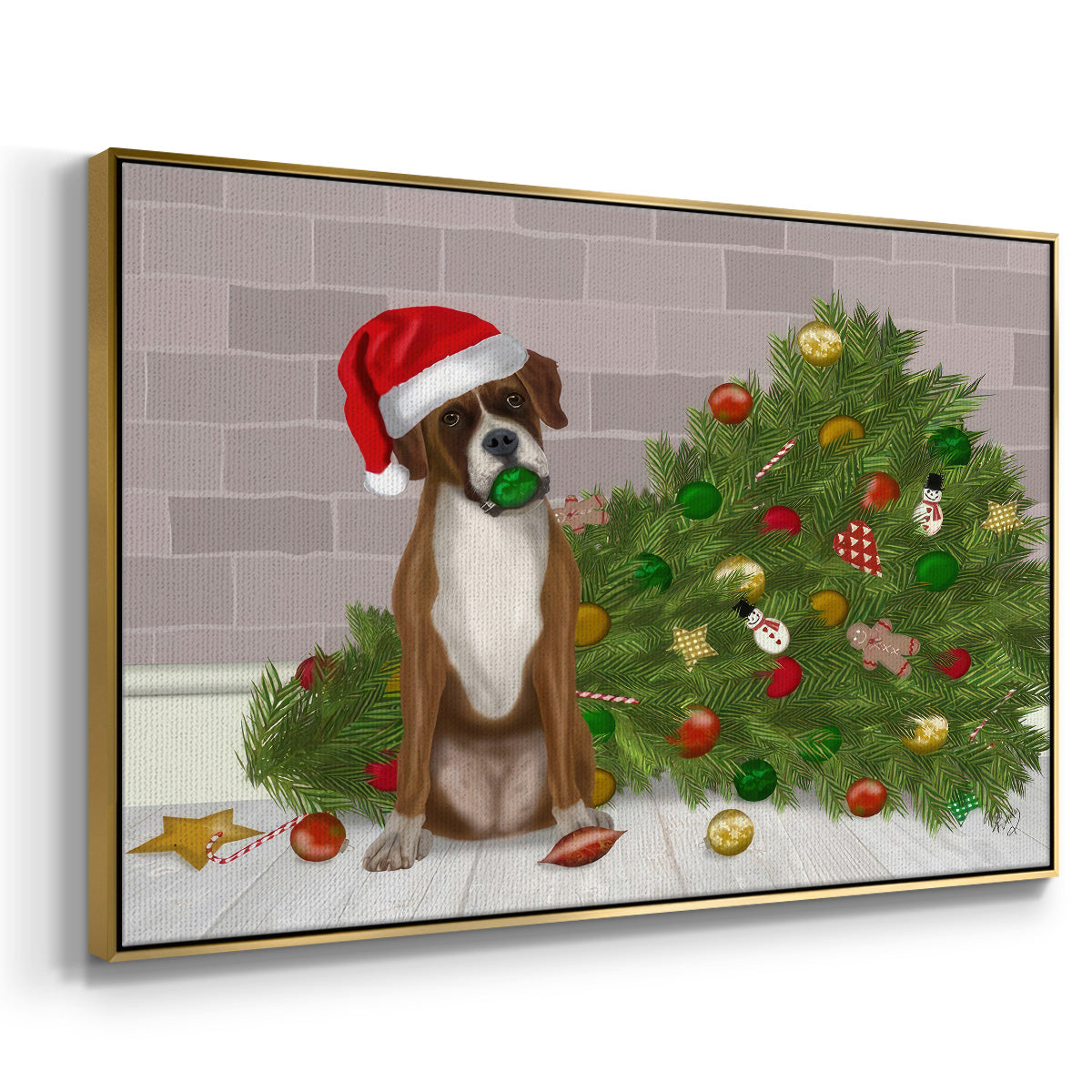 Christmas Boxer and Broken Christmas Tree - Framed Gallery Wrapped Canvas in Floating Frame