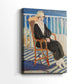 Side view of a canvas art print of a bright composition with a figure and coastal background, showing gallery-wrapped depth.