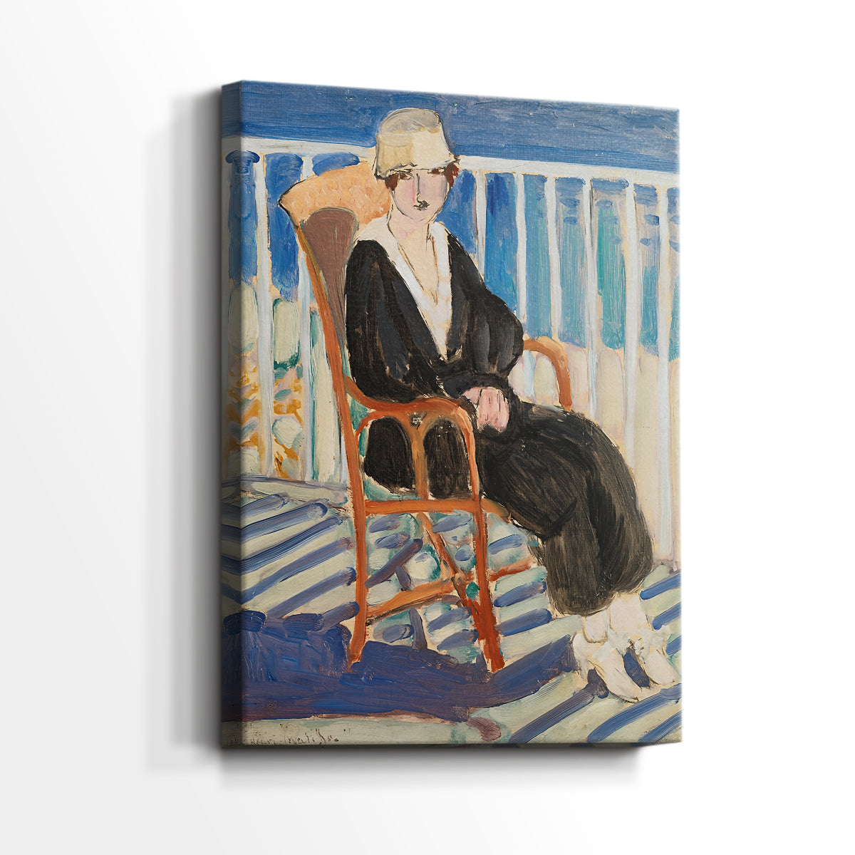 Side view of a canvas art print of a bright composition with a figure and coastal background, showing gallery-wrapped depth.
