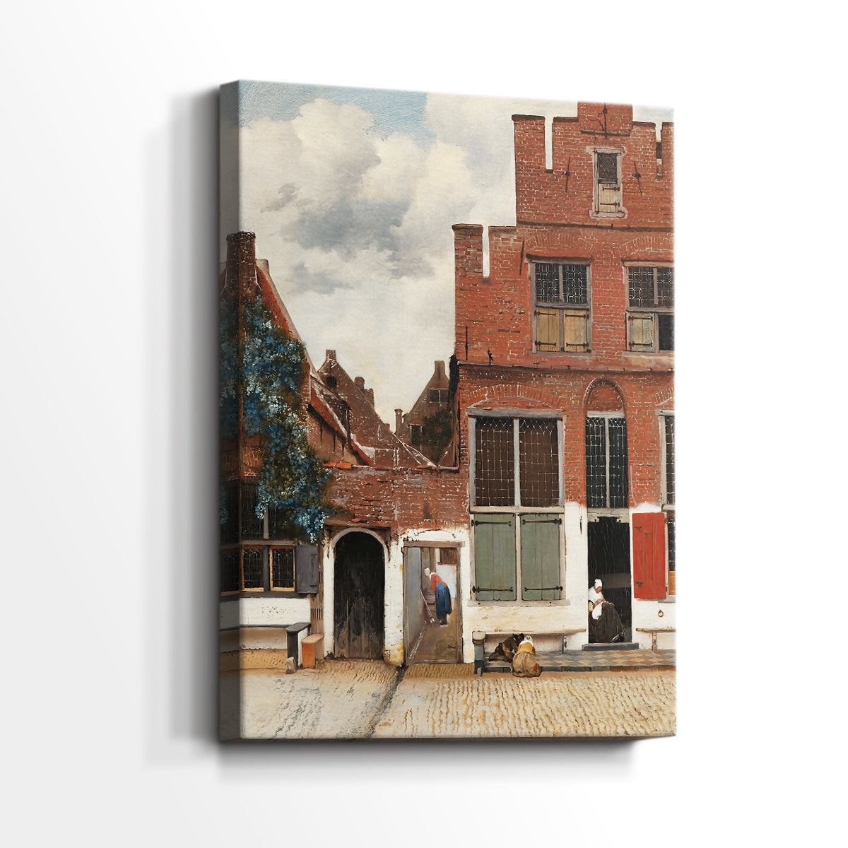 Side view of a canvas art print of a calm exterior scene with buildings and subtle activity, showing gallery-wrapped depth.