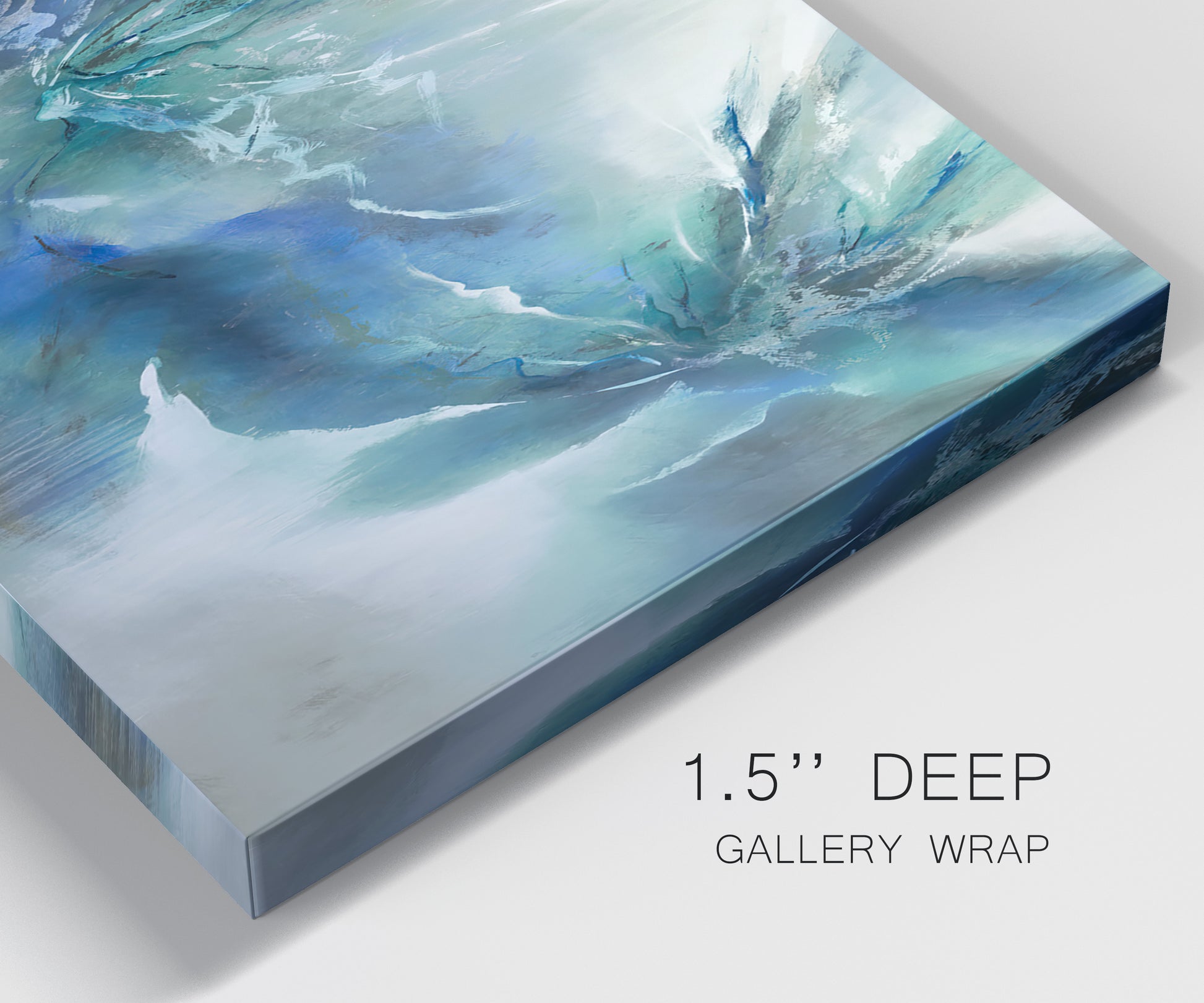 Close-up view of wrapped canvas corner featuring subtle abstract light flicker composition.
