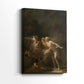 Side view of a canvas art print of a playful composition with figures in a lush landscape, showing gallery-wrapped depth.