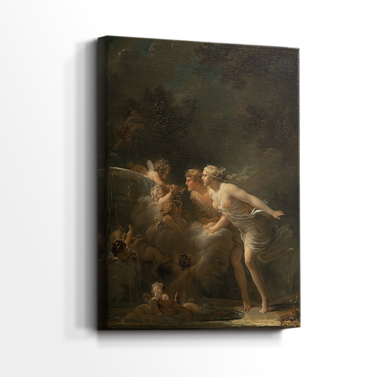 Side view of a canvas art print of a playful composition with figures in a lush landscape, showing gallery-wrapped depth.