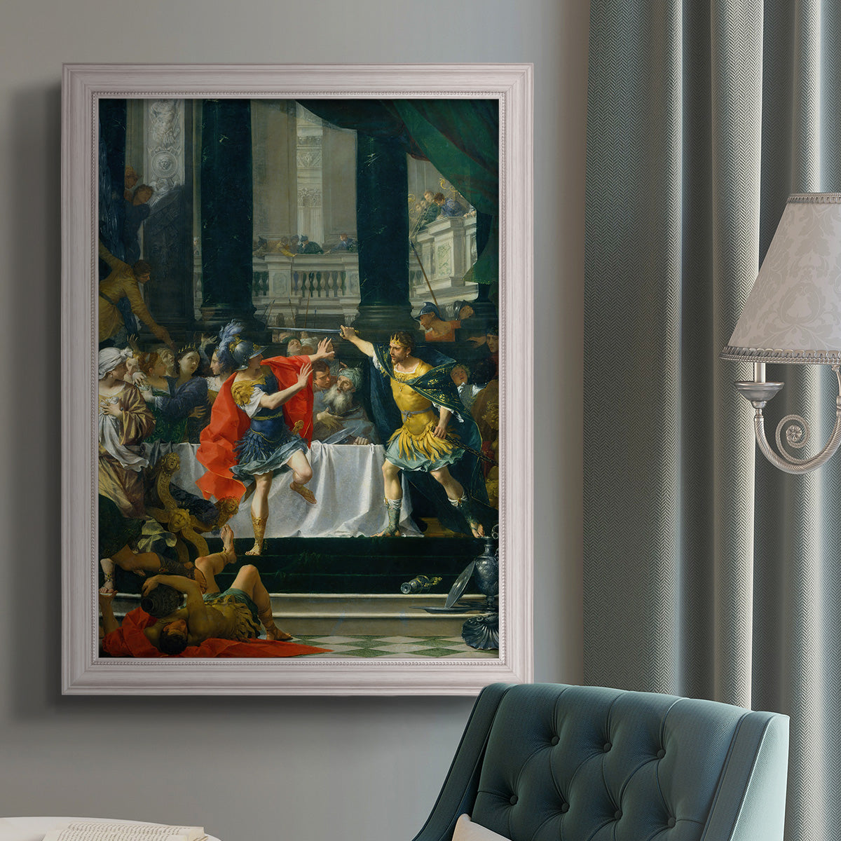 Classical historical painting of Alexander the Great by Donato Creti in an {frame_style_descriptor} displayed in a neutral interior setting.