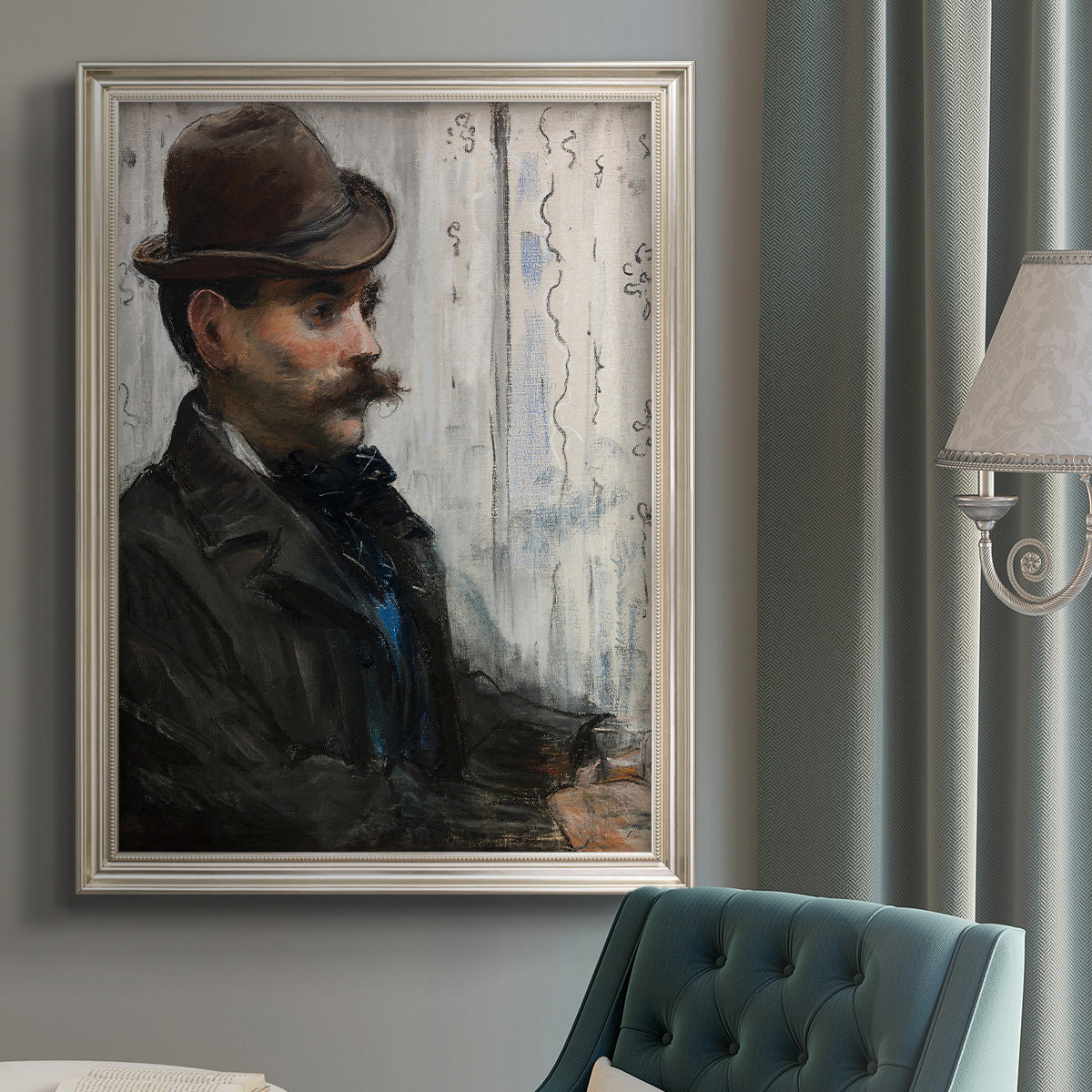 Impressionist portrait of a seated man by Édouard Manet in an {frame_style_descriptor} displayed in a neutral interior setting.