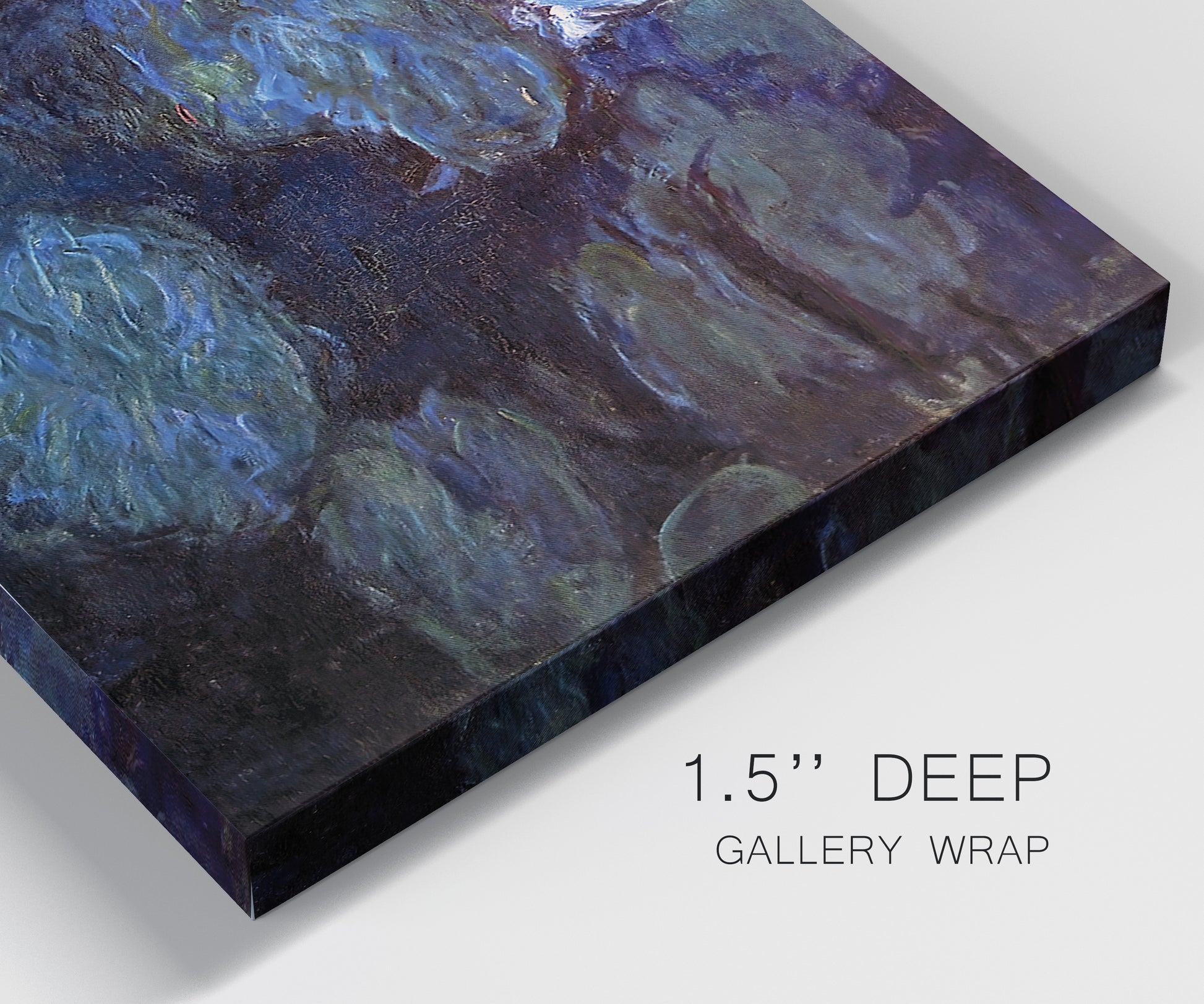 Close-up view of wrapped canvas corner featuring deep blue water lily reflections.