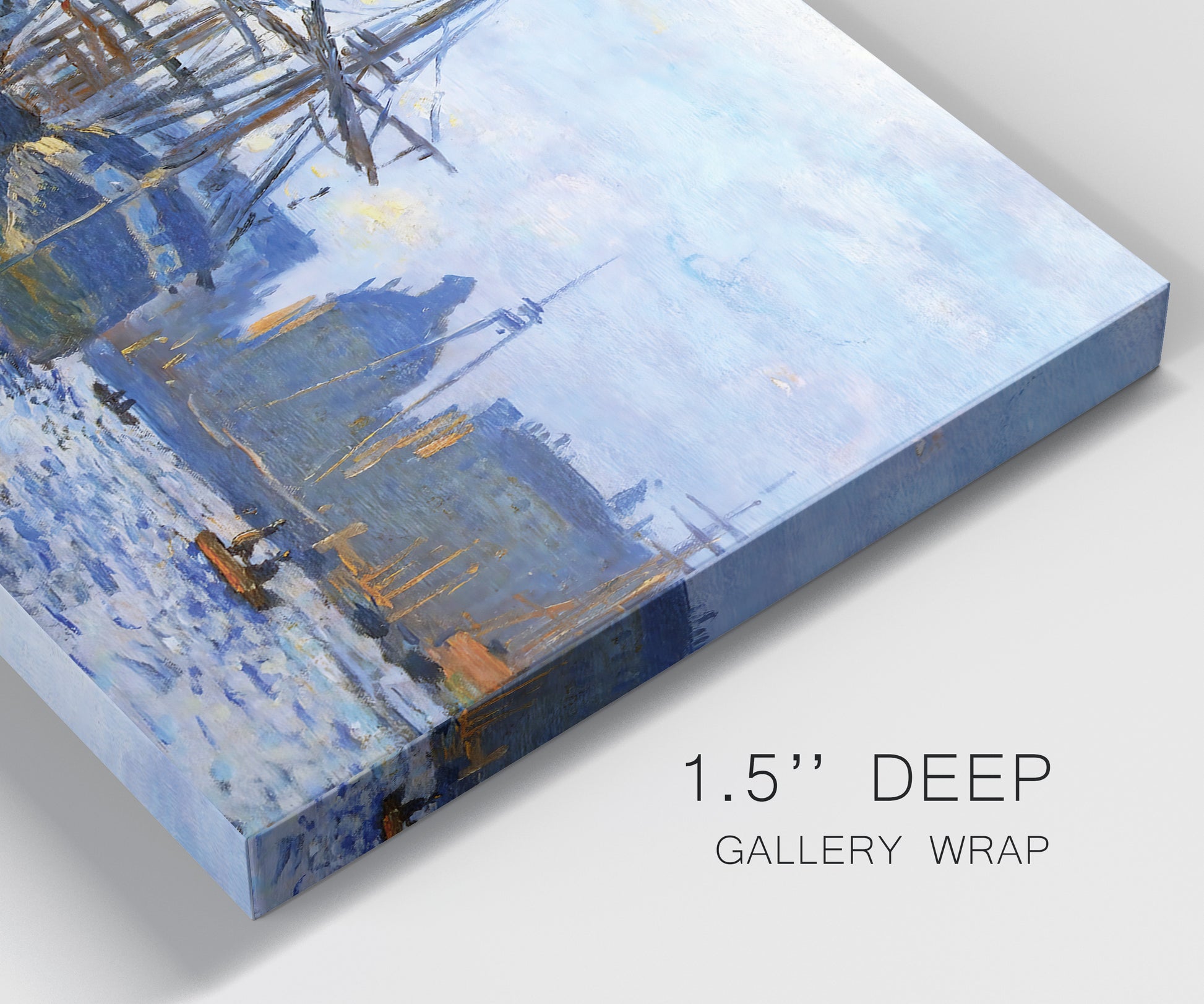 Close-up view of wrapped canvas corner featuring industrial dock along harbor.
