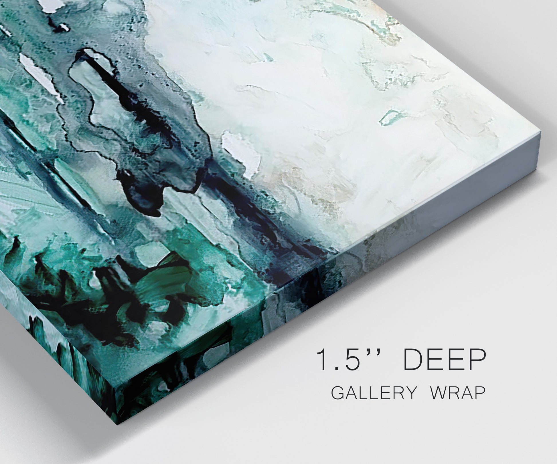Close-up view of wrapped canvas corner featuring coastal abstract sea foam movement.