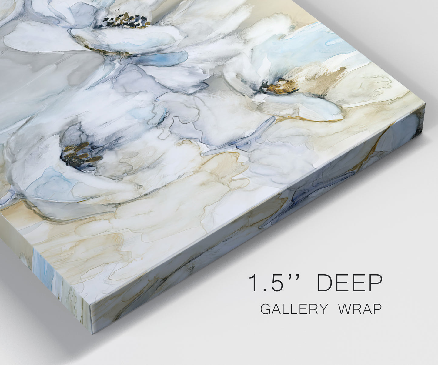 Close-up view of wrapped canvas corner featuring delicate watercolor floral blooms.