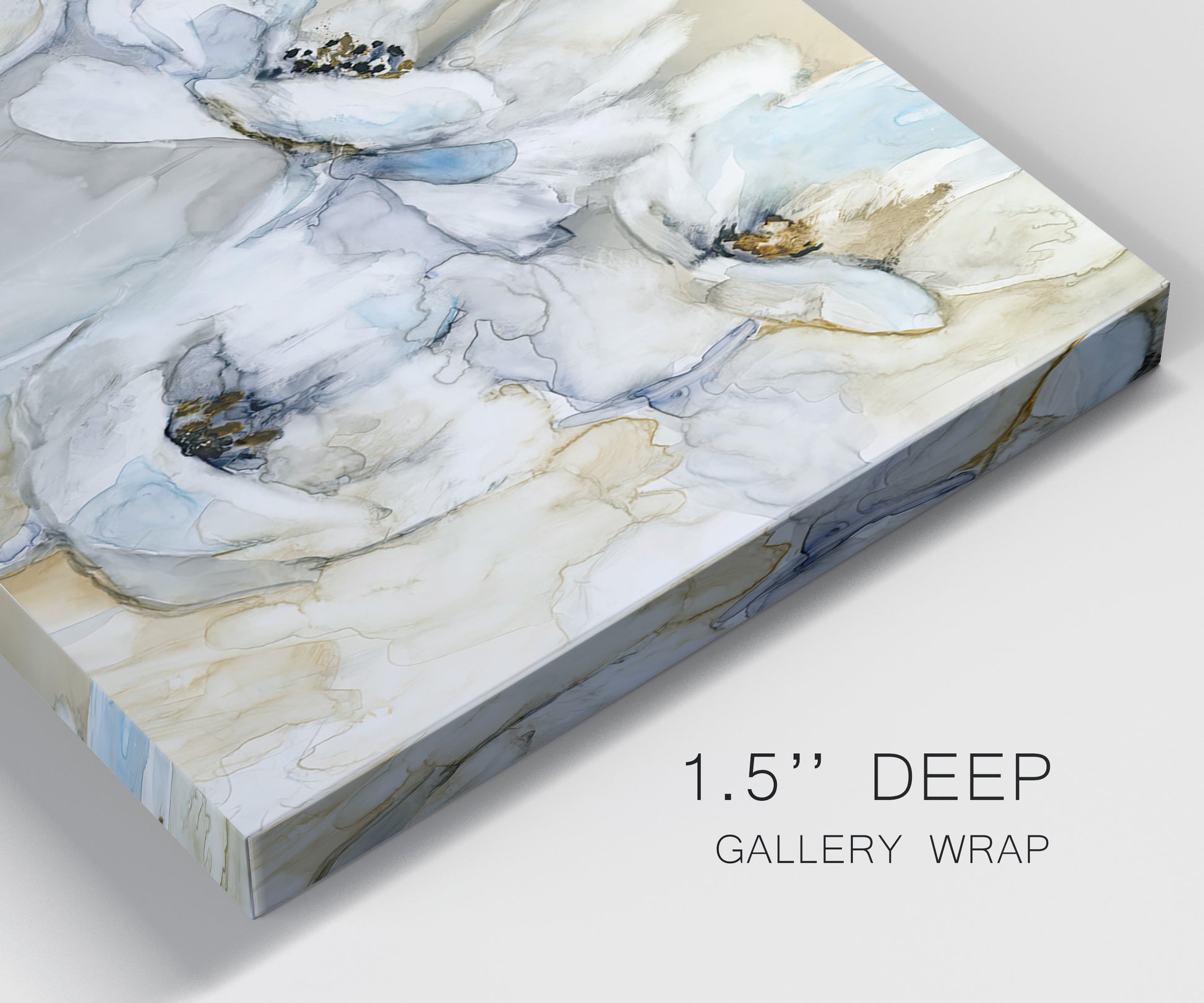 Close-up view of wrapped canvas corner featuring delicate watercolor floral blooms.