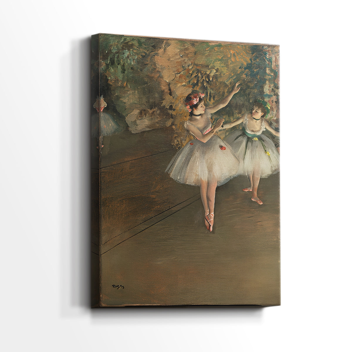 Side view of a canvas art print of a performance scene with flowing movement and soft tones, showing gallery-wrapped depth.