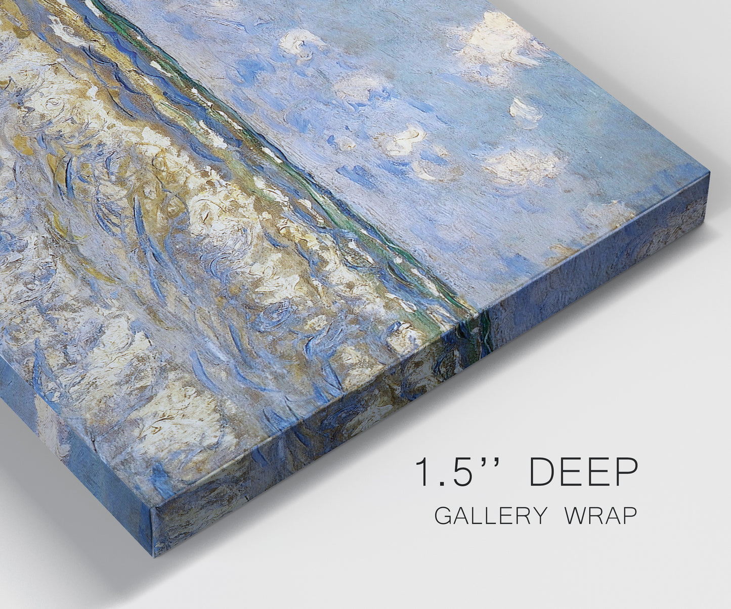Close-up view of wrapped canvas corner featuring rough sea with crashing waves.