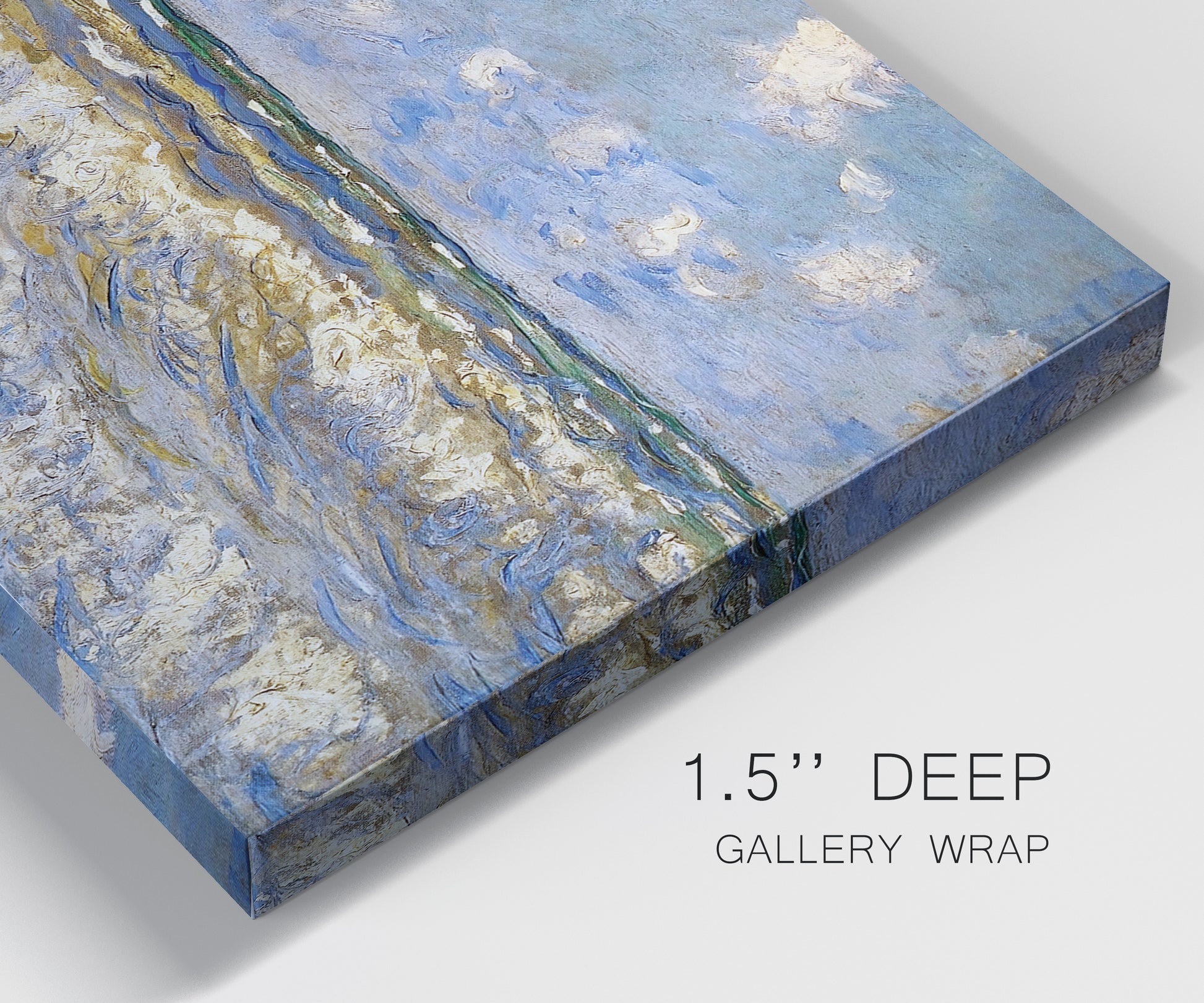 Close-up view of wrapped canvas corner featuring rough sea with crashing waves.