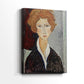 Side view of a canvas art print of a modernist figure with minimal detail and smooth color transitions, showing gallery-wrapped depth.