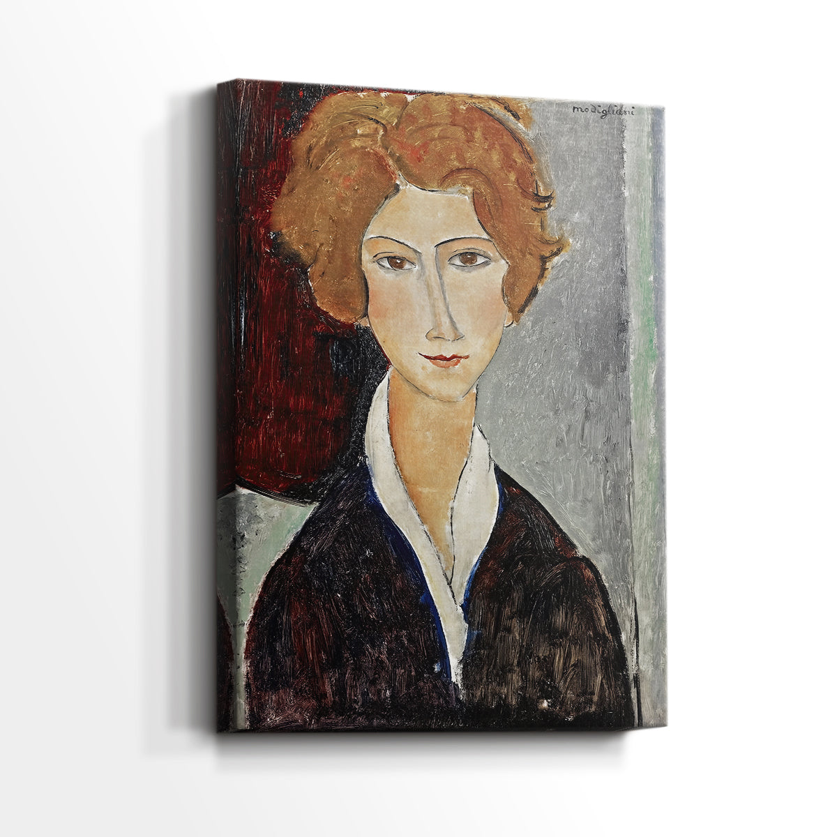 Side view of a canvas art print of a modernist figure with minimal detail and smooth color transitions, showing gallery-wrapped depth.