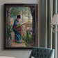 Impressionist portrait of Madame Monet sewing by Claude Monet in an {frame_style_descriptor} displayed in a neutral interior setting.