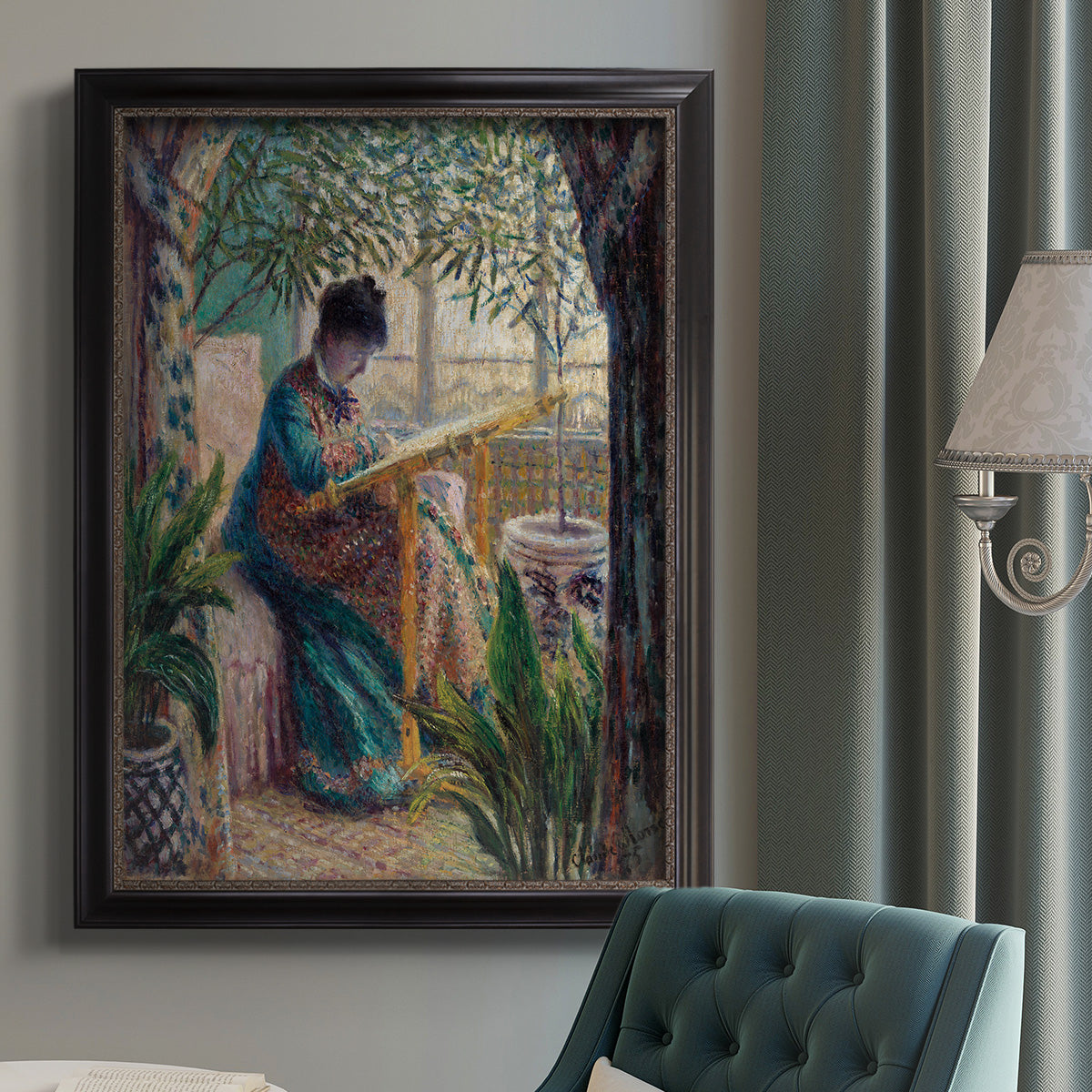 Impressionist portrait of Madame Monet sewing by Claude Monet in an {frame_style_descriptor} displayed in a neutral interior setting.